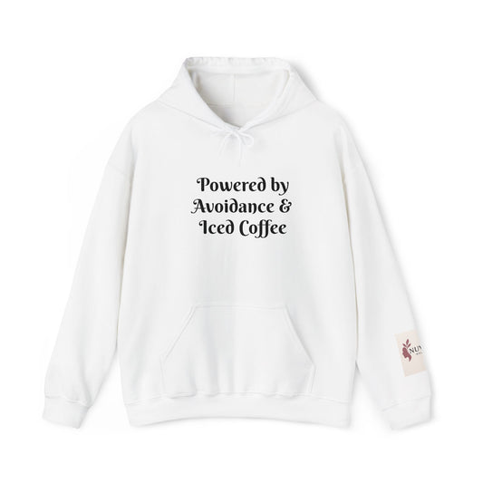 "Powered by Avoidance & Iced Coffee" Unisex Heavy Blend™ Hooded Sweatshirt